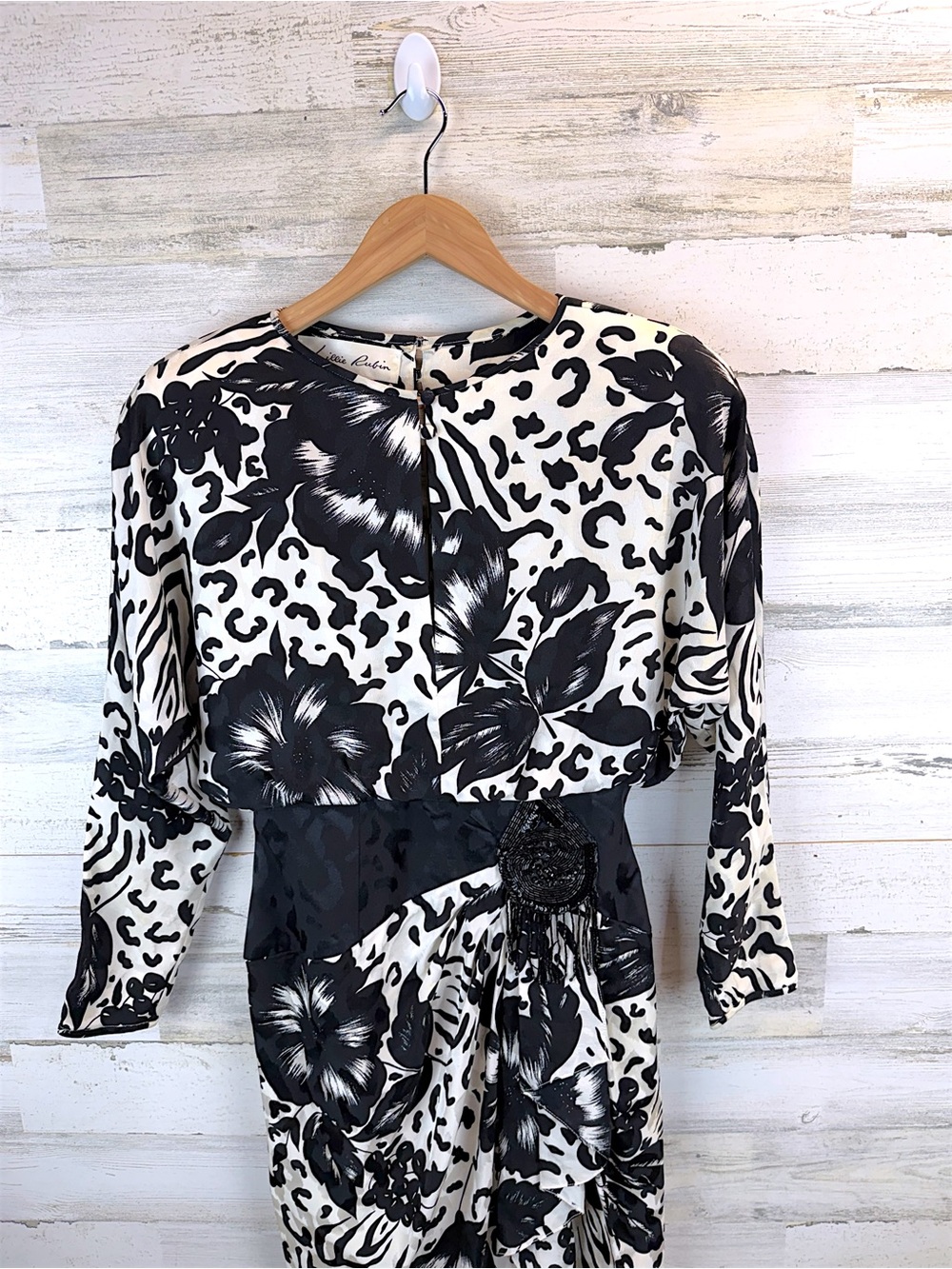 Vintage Lillie Rubin 100% Silk Cocktail Dress Black White Beaded Size 8 - Picture 5 of 14
